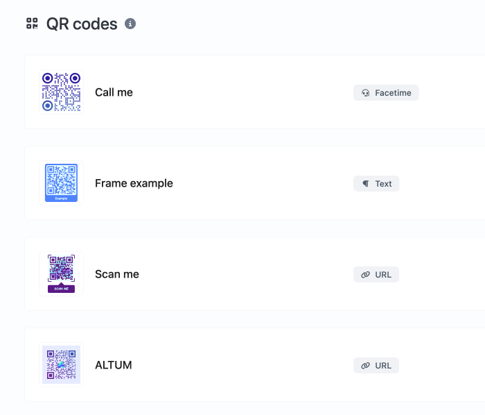 Screenshot della pagina del sistema di codici QR dell'app